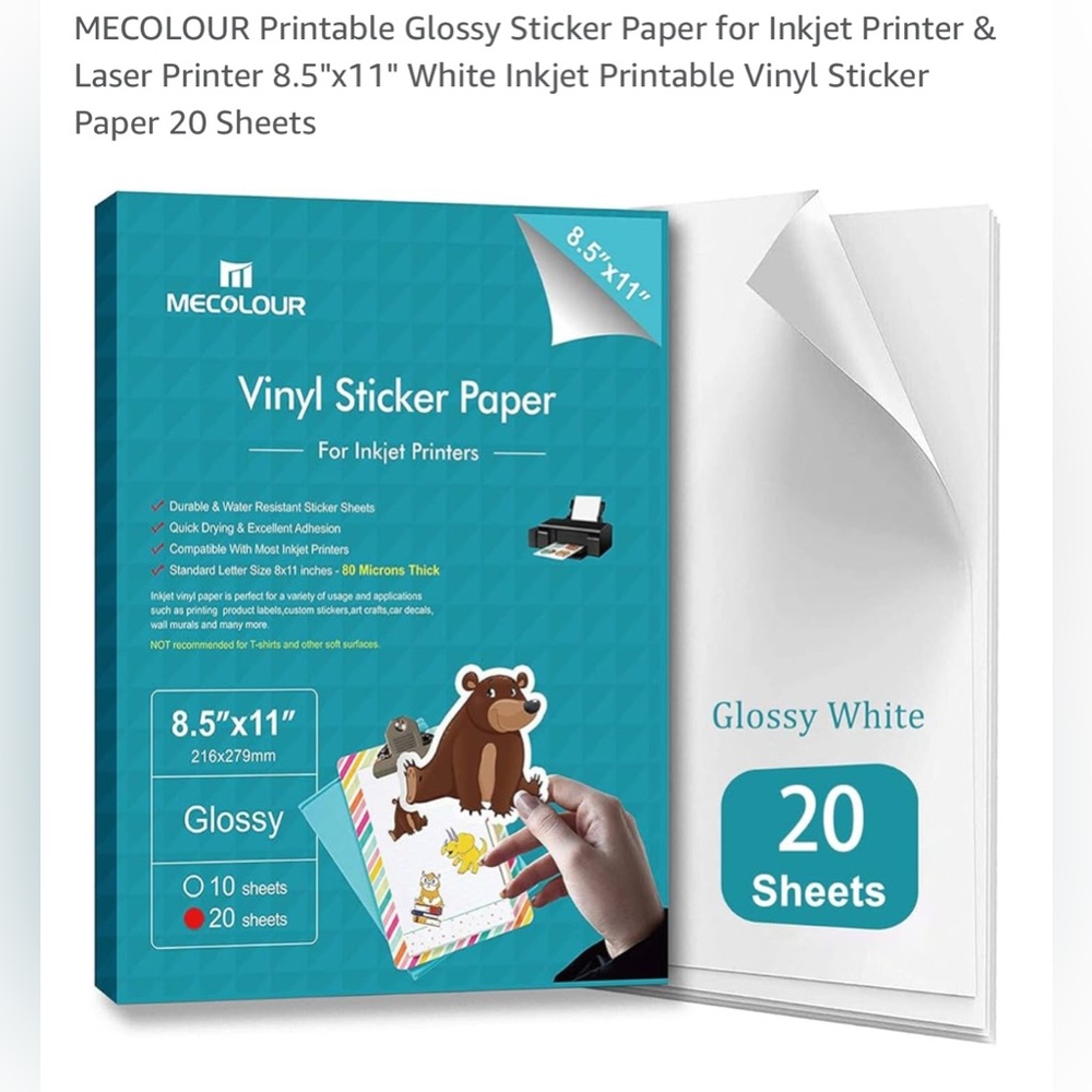 MECOLOUR Glossy Vinyl Sticker Paper for Inkjet Printers